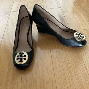 Tory Burch Black Peep Toe Wedges with Gold Logo